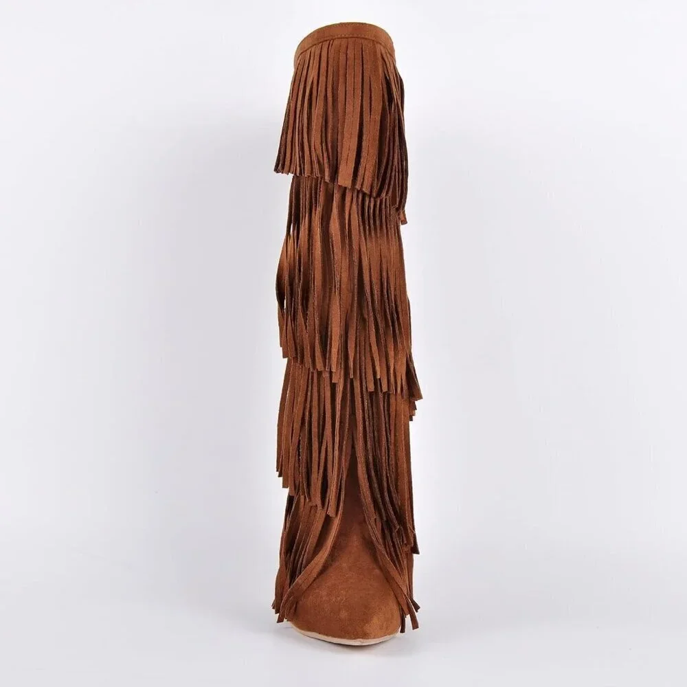 Women's Fringed Knee High Boots Pointy Toe Stilettos Faux Suede High Heels Boot